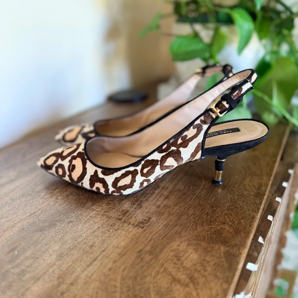 Zara Woman Slingback Heels Womens 38 Leopard Print Calf Hair Kitten Heel Pointed